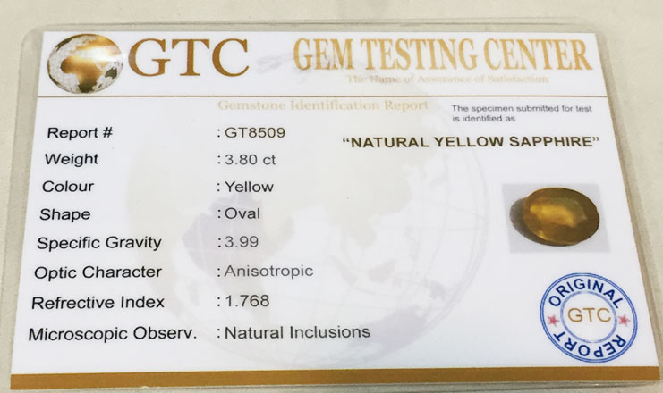 3.80 ct/4.25 ratti Natural Certified Bangkok Pukhraj/Yellow Sapphire